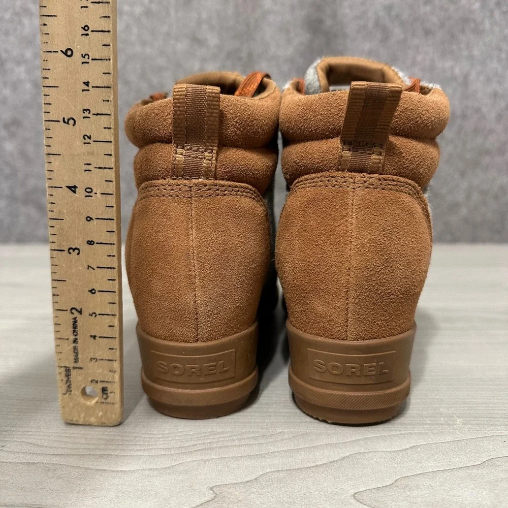 Sorel Evie Ankle Lace Boot Womens 7.5 Brown Grey Suede Felt Wedge NL4926-242‎
